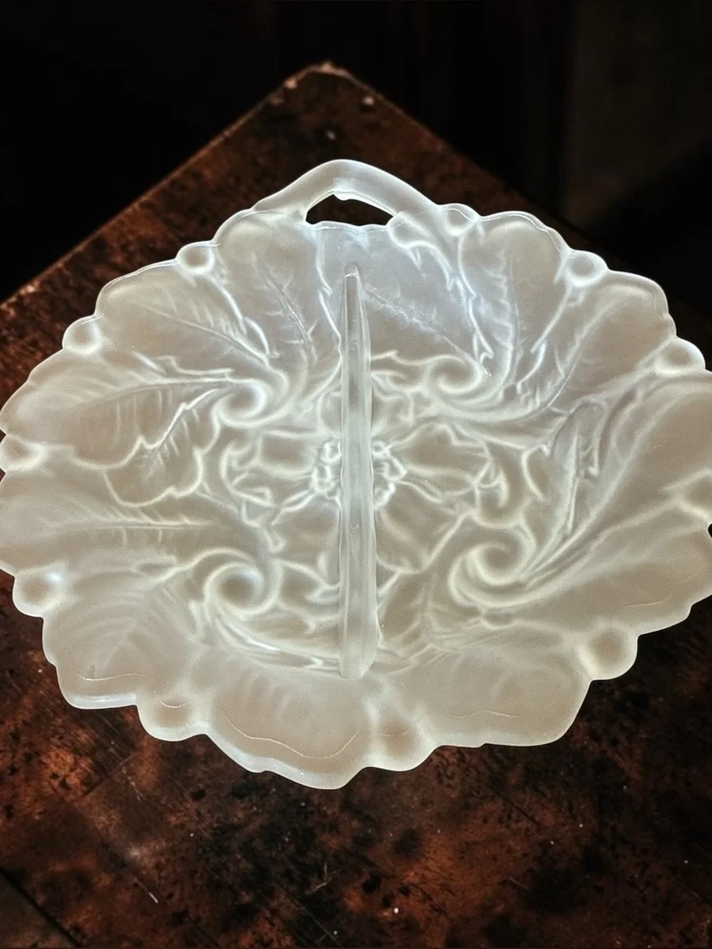 VTG Indiana Glass Wild Rose Frosted Satin Handled Divided Relish Dish